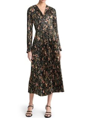 Vince Orchid Black Floral Pleated Long-Sleeve Midi Dress XS